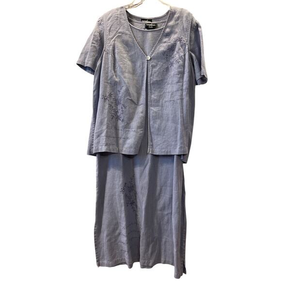 Vtg 90s Positive Attitude Linen Midi Dress Vest Set 1X Floral Embroidered Pearls - Picture 1 of 16